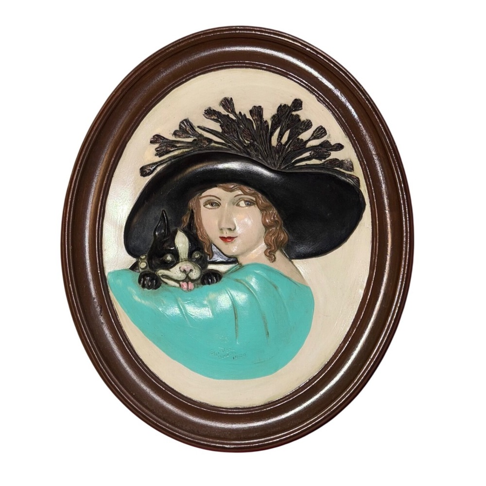 Vintage 1975 Duncan Ceramic Flapper Woman Boston Terrier Wall Plaque Art Deco